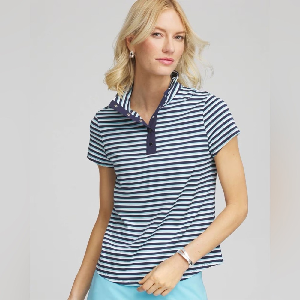 Chico's Navy and White Striped Button-Down Polo Shirt
